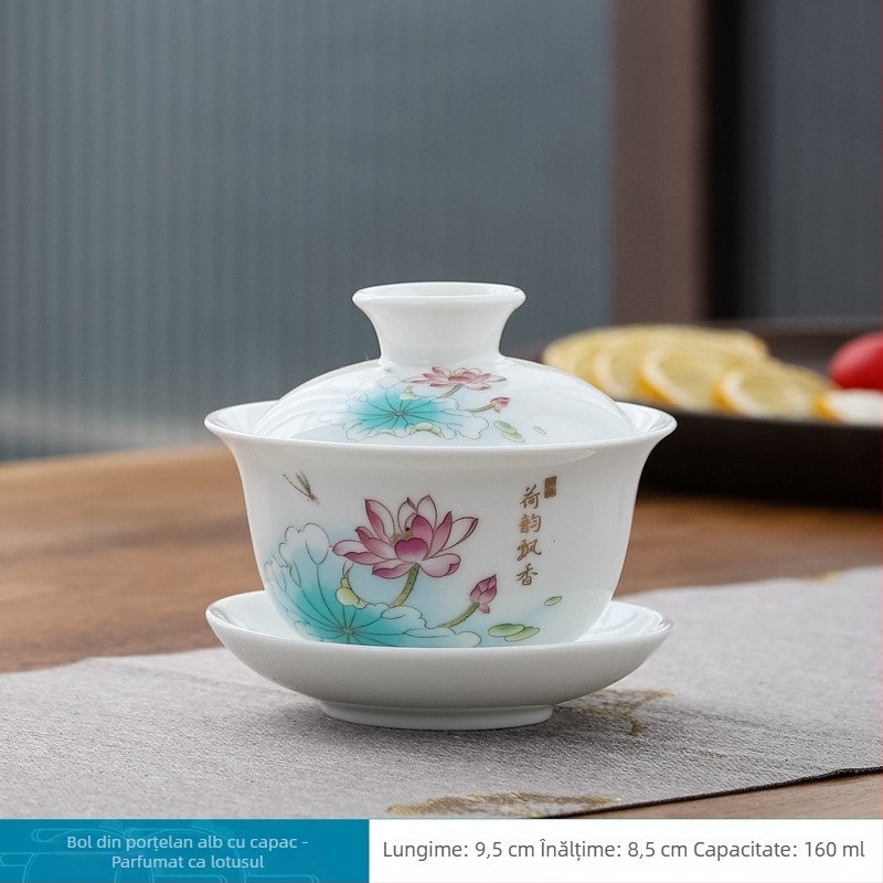 Set de ceai din porțelan alb Dehua, trei piese, bol de ceai cu capac, ceramică cu aspect jad