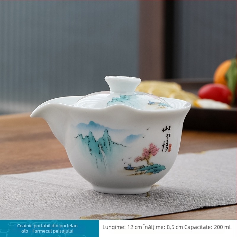 Set de ceai din porțelan alb Dehua, trei piese, bol de ceai cu capac, ceramică cu aspect jad