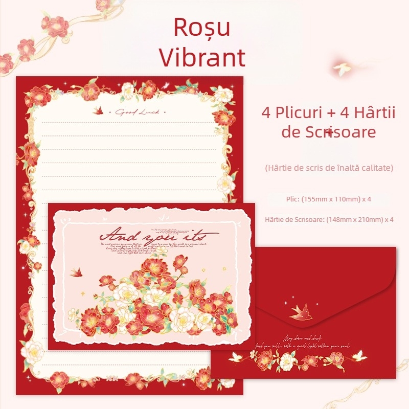 Set de hârtie pentru scris roșu aprins, cu 4 plicuri și 4 foi, stil de scriere manuală, scrisoare de dragoste romantică