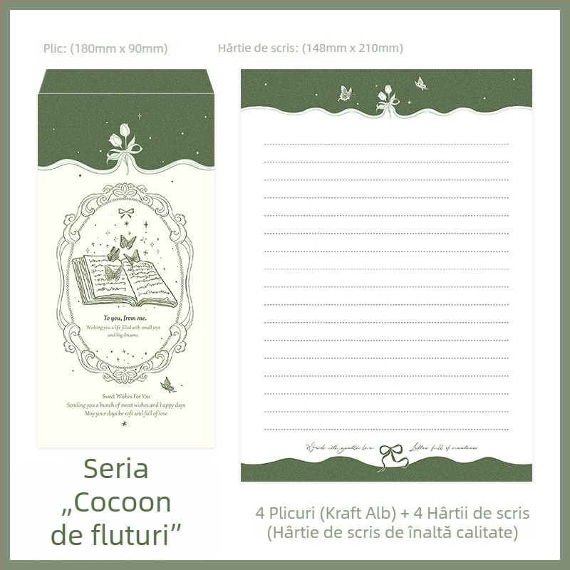 Set de hârtie de scris cu 4 foi și 4 plicuri, stil cocon de fluture, scris de mână, confesiuni artistice și binecuvântări