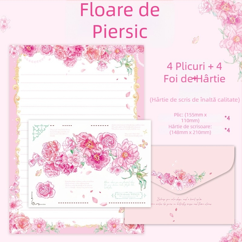 Set de plicuri și hârtie pentru scris – 4 plicuri și 4 coli, hârtie offset dublă, stil manuscris