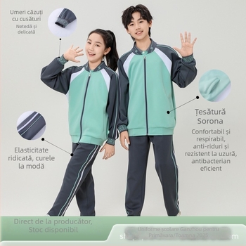Set de uniformă școlară pentru elevi de gimnaziu și liceu — jachetă cu fermoar și pantaloni, primăvară-toamnă, unisex, poliester