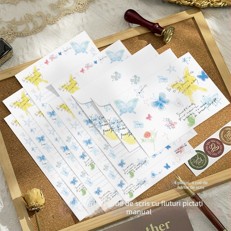 Set plicuri și hârtie de scris Paper Sutra cu fluture pictat manual – scrisori de dragoste artistice, binecuvântări și mesaje (4 plicuri, 4 coli de hârtie)