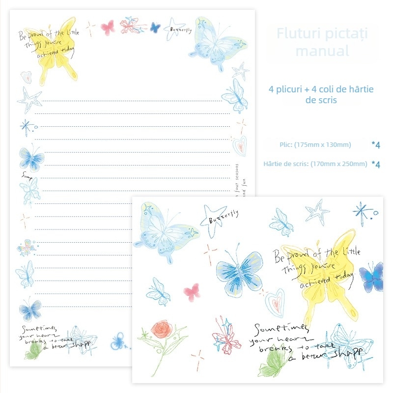 Set plicuri și hârtie de scris Paper Sutra cu fluture pictat manual – scrisori de dragoste artistice, binecuvântări și mesaje (4 plicuri, 4 coli de hârtie)