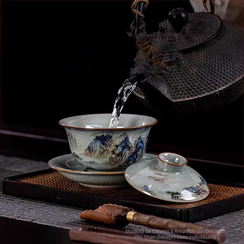 ceașcă de ceai cu capac, peisaj roz‑alb pe porțelan, set de ceai în stil chinezesc pentru uz casnic
