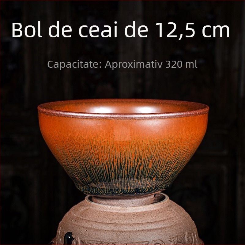 Set complet de instrumente pentru ceremonia de ceai matcha, 12,5 cm, blană de iepure, glazură negru-auriu, stil dinastia Song, mărime mare