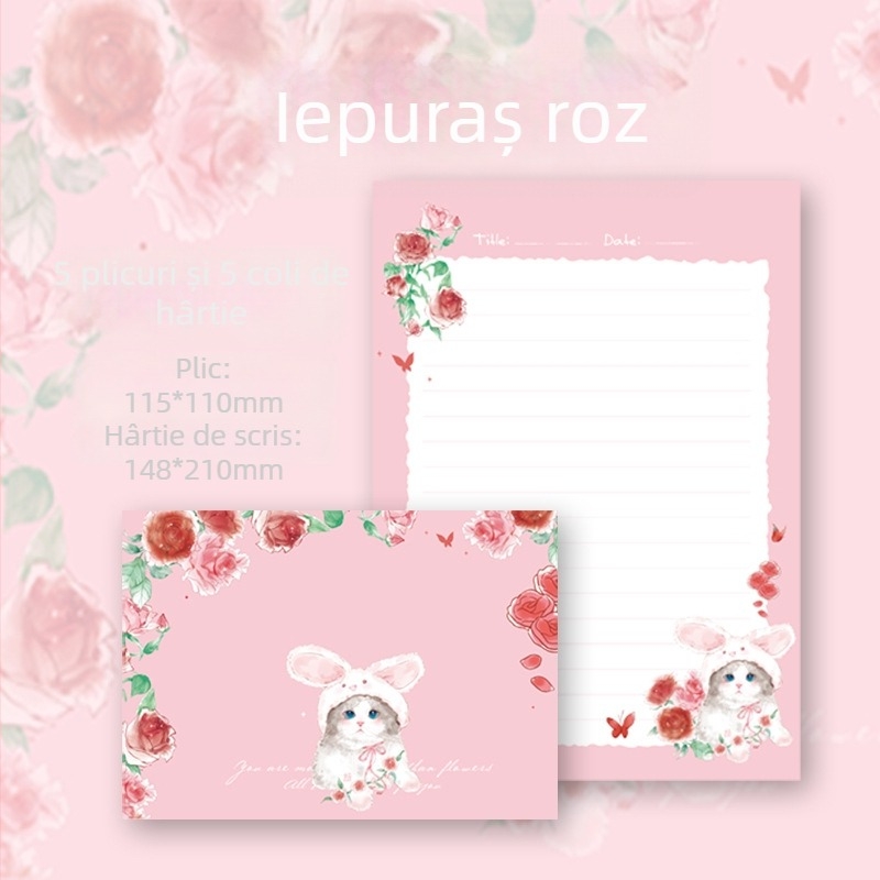Set de hârtie pentru scris cu plicuri Rose Rabbit — papetărie artistică pentru mesaje de dragoste