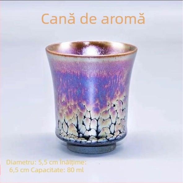 Ceșcă de ceai Jianyang Shuiji Jianzhan, ceramică cu glazură minerală brută și picături de aur