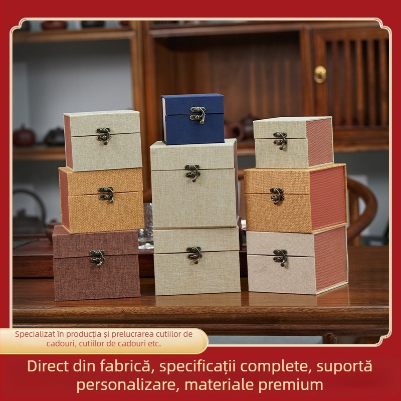 Ceainic Jianzhan cu încuietoare într-o cutie brocart, ceșcuță de ceramică din lut purpuriu, cutie cadou din jad antic