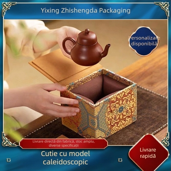 Set de ceai din lut mov cu ceainic și bol ceramic cu capac, într-o cutie cadou brocartată, însoțit de cutie de depozitare.