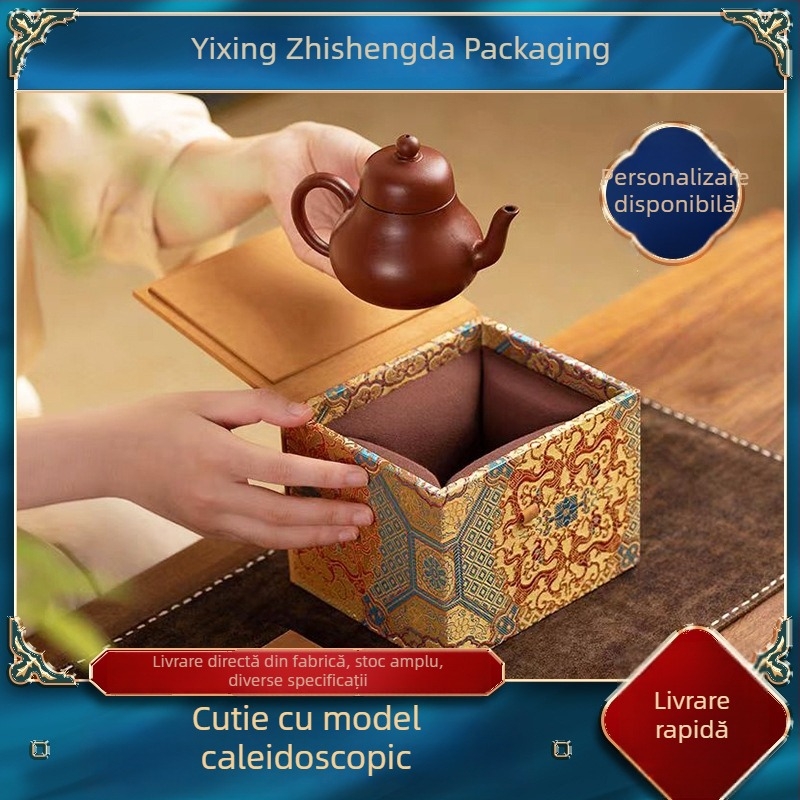 Set de ceai din lut mov cu ceainic și bol ceramic cu capac, într-o cutie cadou brocartată, însoțit de cutie de depozitare.