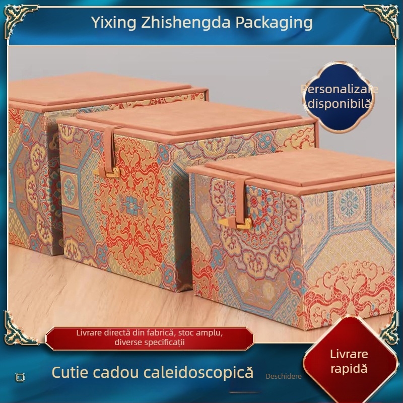 Set de ceai din lut mov cu ceainic și bol ceramic cu capac, într-o cutie cadou brocartată, însoțit de cutie de depozitare.