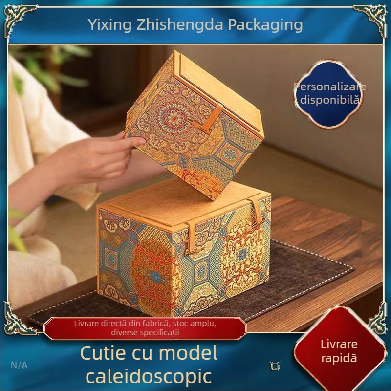 Set de ceai din lut mov cu ceainic și bol ceramic cu capac, într-o cutie cadou brocartată, însoțit de cutie de depozitare.