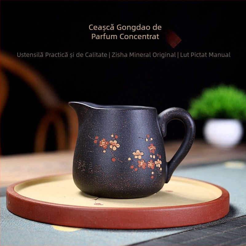 Set de ceai din lut purpuriu cu ceașcă de distribuire, tavă de ceai și glazură nisip negru-auriu, model pictat din lut, stil retro luxos