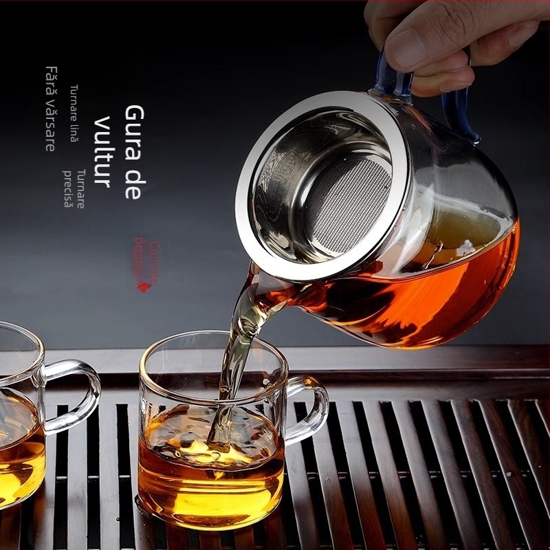 Set Gongfu de ceai din sticlă rezistentă la temperaturi, cu filtru și ceașcă integrată pentru servire – accesorii pentru ceai acasă