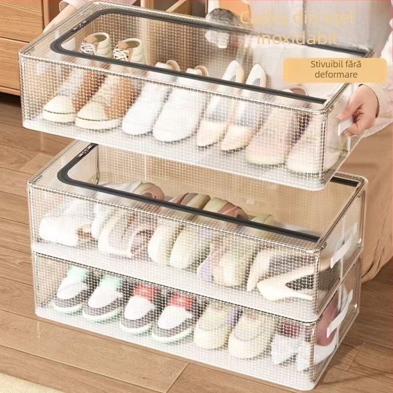 Cutie transparentă sub pat pentru pantofi și haine, cu cadru din oțel și material textil, pliabilă