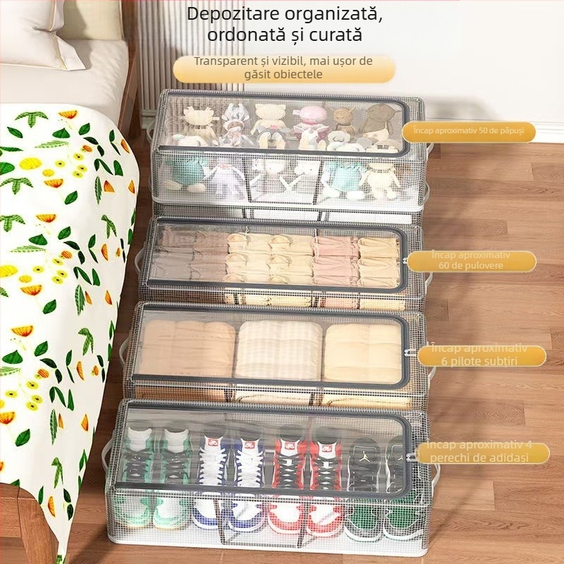 Cutie transparentă sub pat pentru pantofi și haine, cu cadru din oțel și material textil, pliabilă