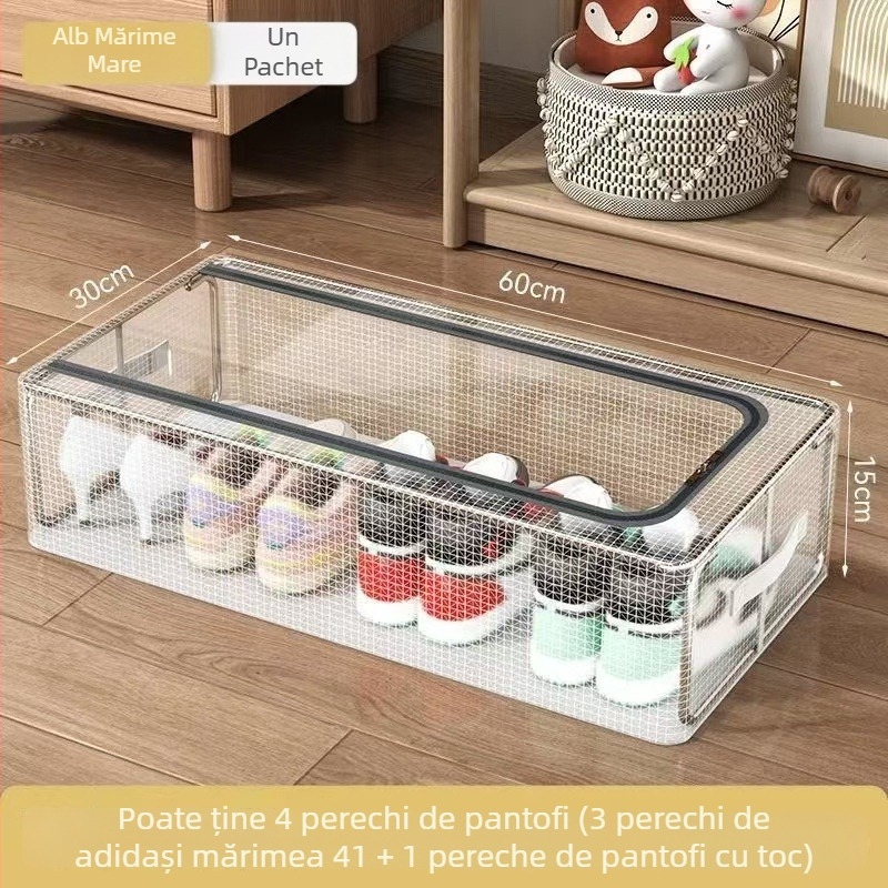 Cutie transparentă sub pat pentru pantofi și haine, cu cadru din oțel și material textil, pliabilă