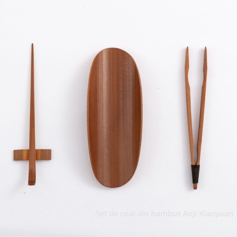 Set de tacâmuri pentru ceai din bambus, finisaj manual, formă ovală carbonizată – accesorii pentru ceremonia ceaiului