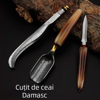 Set de ceai din oțel damasc cu mâner din corn — cuțit pentru ceai, ac pentru ceai, deschizător, unealtă de manevrare, lingură, clemă, pense și linguriță de ceai