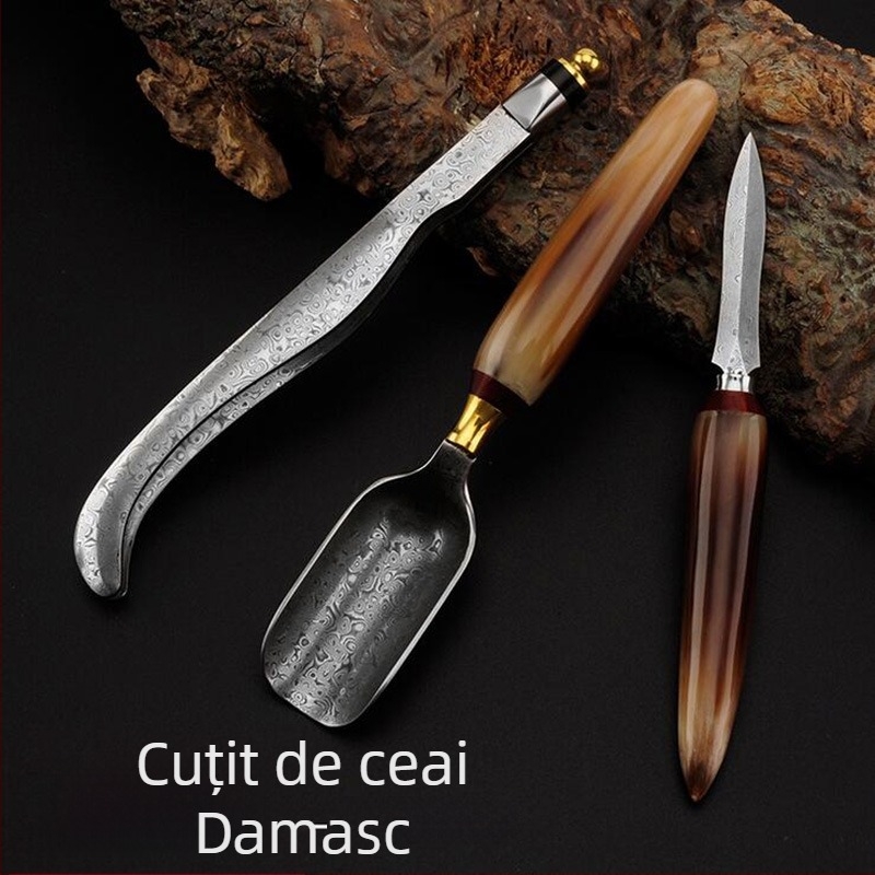 Set de ceai din oțel damasc cu mâner din corn — cuțit pentru ceai, ac pentru ceai, deschizător, unealtă de manevrare, lingură, clemă, pense și linguriță de ceai