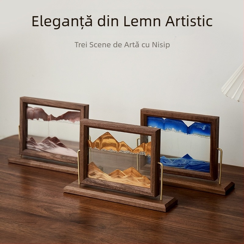 Ramă foto din lemn masiv cu clepsidră și pictură cu nisip – decor pentru living și birou