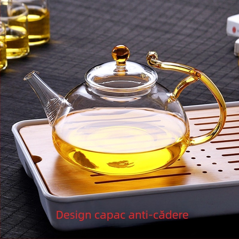 Ceainic din sticlă borosilicat cu filtru cu arc, transparent pentru infuzarea ceaiului verde