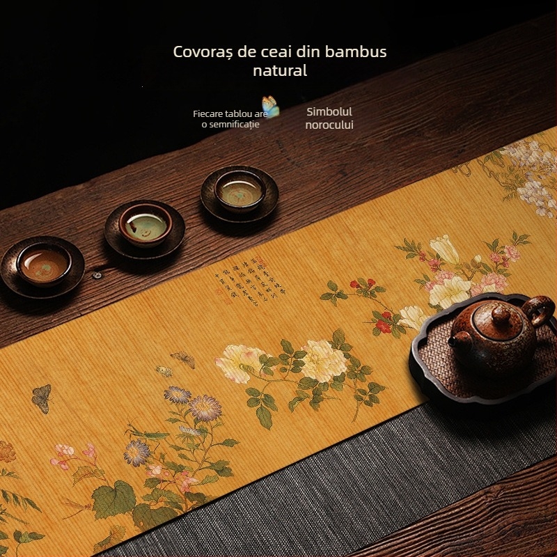 Covoraș de masă din bambus, cu desen cu o sută de flori, în stil zen, pentru ceremonia de ceai în stil chinezesc – izolație termică