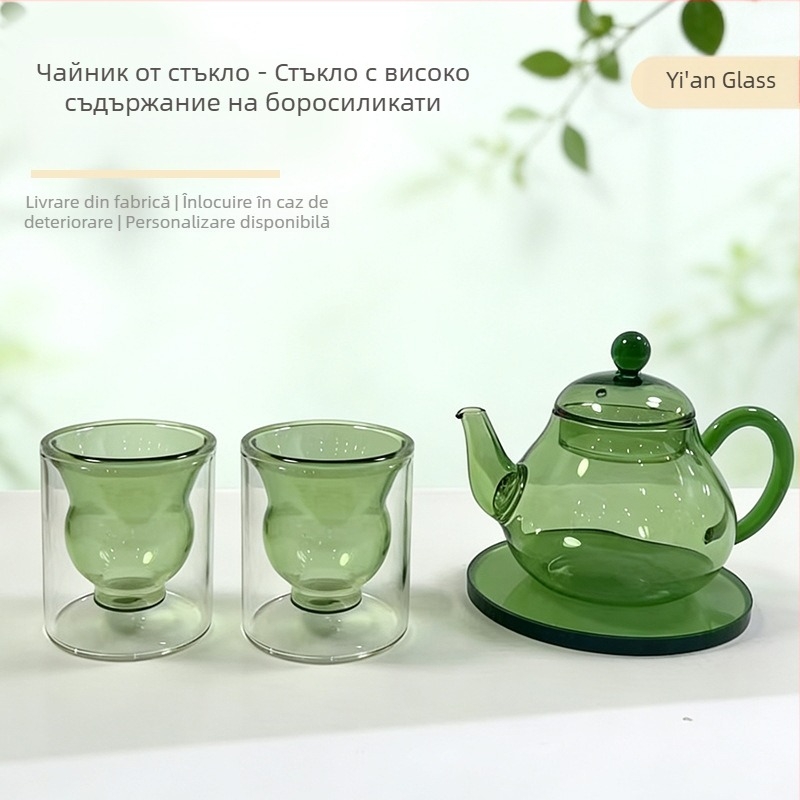 Set de cești și ceainic din sticlă borosilicată, cu pereți dubli și design colorat, izolație termică și protecție împotriva arderilor pentru uz casnic, potrivit pentru infuzarea ceaiului.