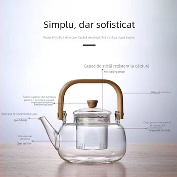 Ceainic din sticlă borosilicat rezistentă la temperaturi înalte, cu mâner din lemn, pentru infuzarea ceaiului