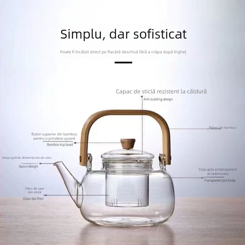 Ceainic din sticlă borosilicat rezistentă la temperaturi înalte, cu mâner din lemn, pentru infuzarea ceaiului