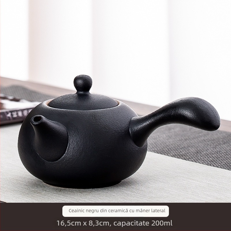 Ceainic din ceramică negru, capacitate 200 ml, cu mâner lateral unic, pentru living și birou