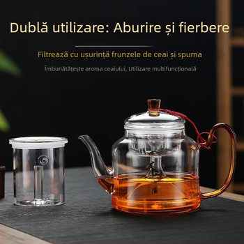 Ceainic din borosilicat rezistent la temperaturi, pentru abur și infuzie de ceai, cu funcție dublă și plită electrică ceramică