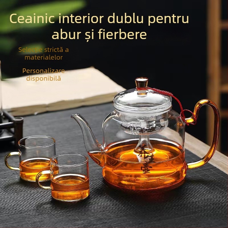 Ceainic din borosilicat rezistent la temperaturi, pentru abur și infuzie de ceai, cu funcție dublă și plită electrică ceramică