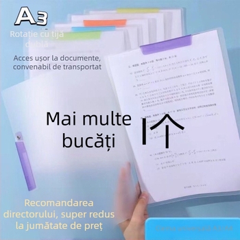 Clip pentru documente A3/A4 cu brațe duble — organizator de fișiere transparent colorat, deschidere laterală