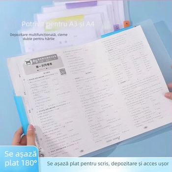 Clip pentru documente A3/A4 cu brațe duble — organizator de fișiere transparent colorat, deschidere laterală