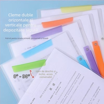 Clip pentru documente A3/A4 cu brațe duble — organizator de fișiere transparent colorat, deschidere laterală