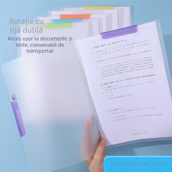Clip pentru documente A3/A4 cu brațe duble — organizator de fișiere transparent colorat, deschidere laterală