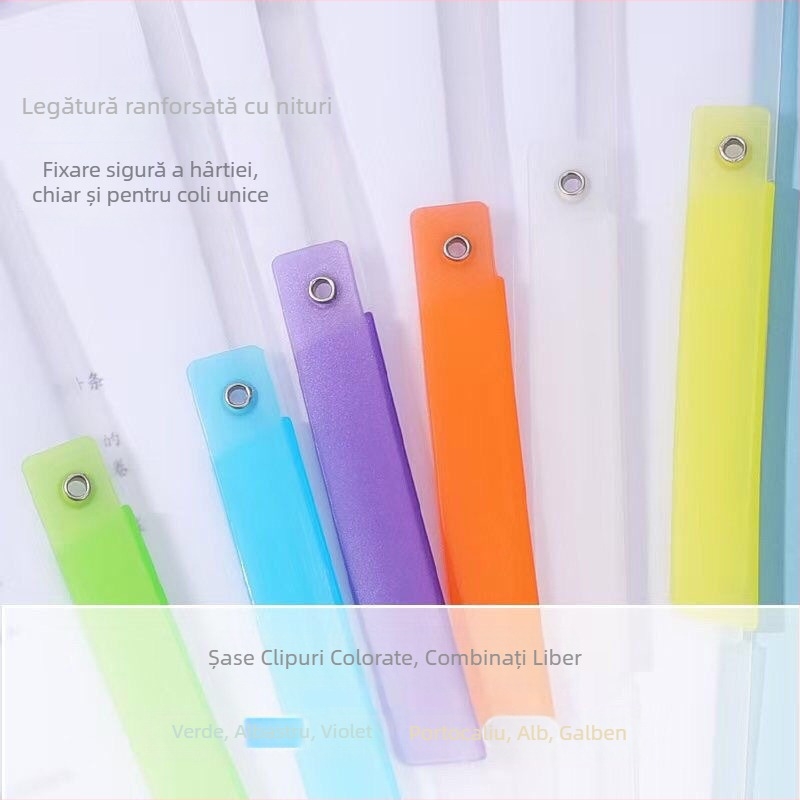 Clip pentru documente A3/A4 cu brațe duble — organizator de fișiere transparent colorat, deschidere laterală