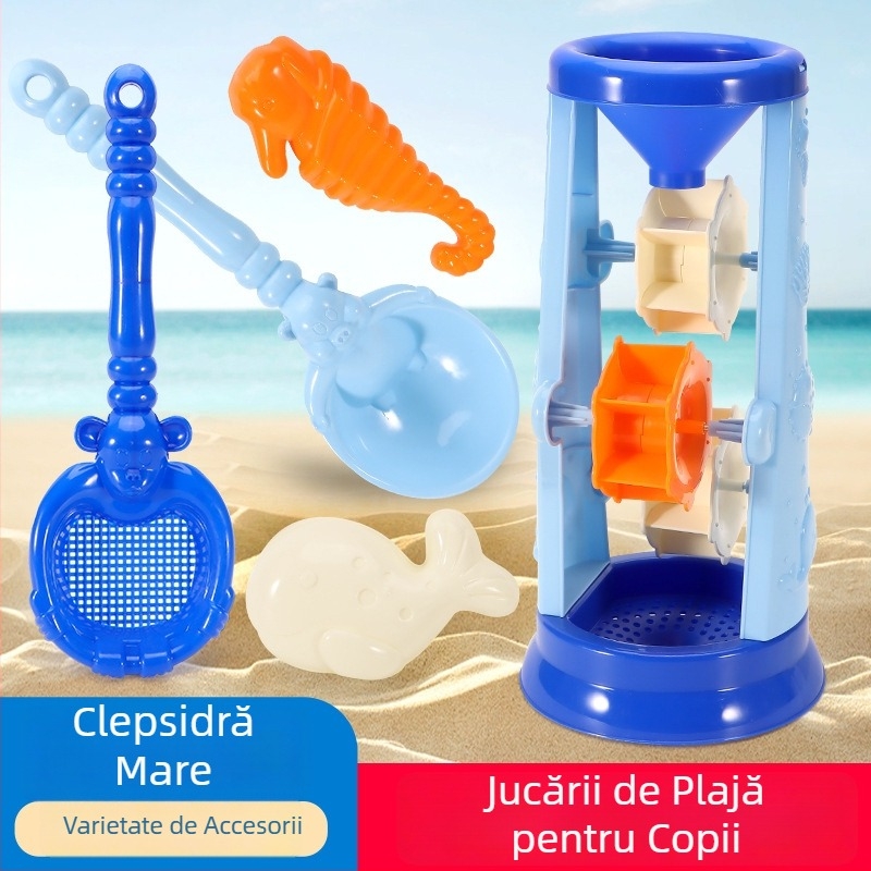 Set mare de nisip pentru copii la plajă, cu găleată, lopățică, clepsidră și forme de animale marine în stil desen animat