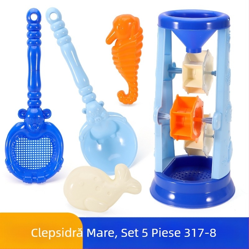 Set mare de nisip pentru copii la plajă, cu găleată, lopățică, clepsidră și forme de animale marine în stil desen animat