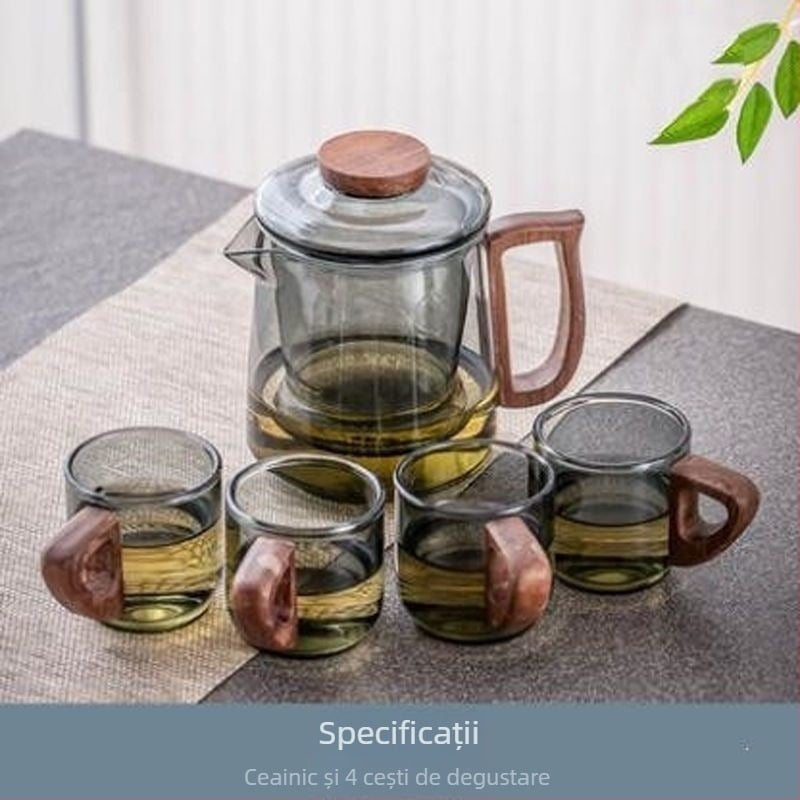 Set ceai din sticlă borosilikată rezistentă la temperatură, stil gongfu, cu ceainic și cești - gri fumuriu, pentru 4 persoane