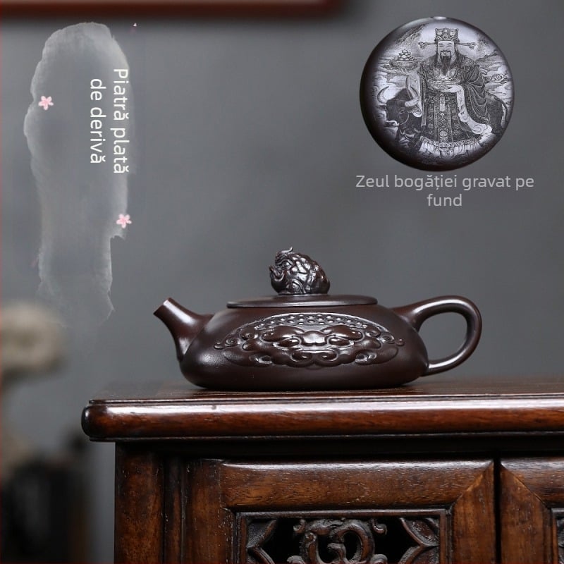 Ceainic din lut purpuriu Yixing, lut negru original cu relief al unei broaște aurii, lingură de piatră, set ceai pentru uz casnic, stil nou chinezesc