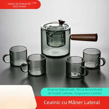 Ceainic din sticlă borosilicată cu mâner lateral, rezistent la temperaturi înalte, pentru birou și casă