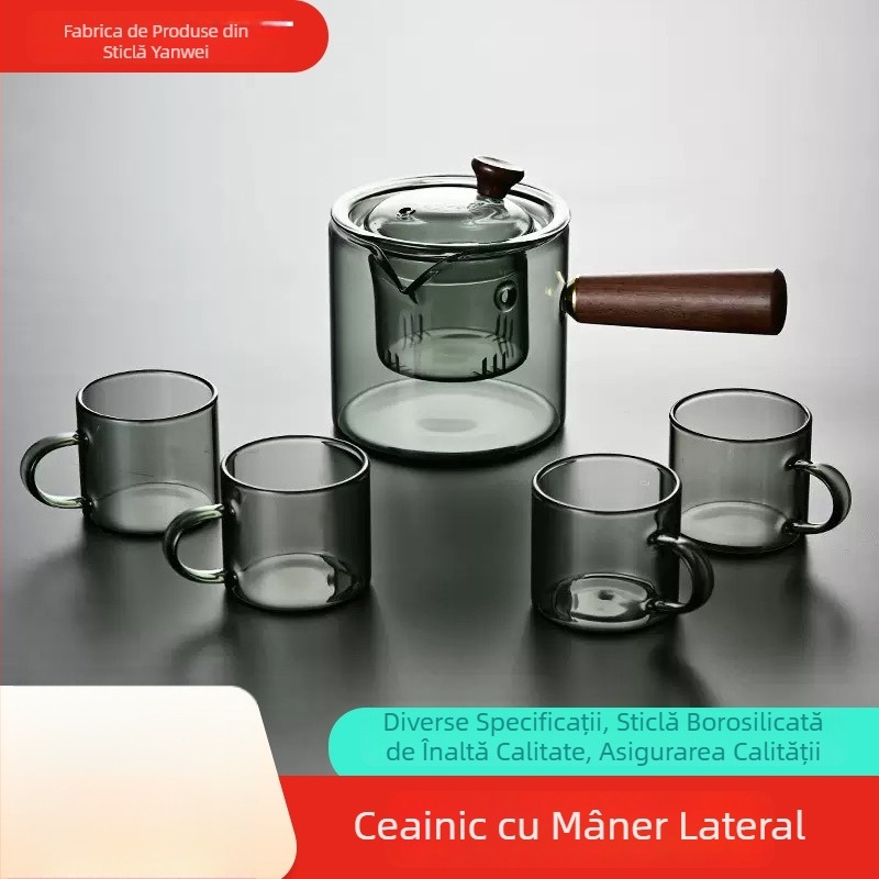 Ceainic din sticlă borosilicată cu mâner lateral, rezistent la temperaturi înalte, pentru birou și casă