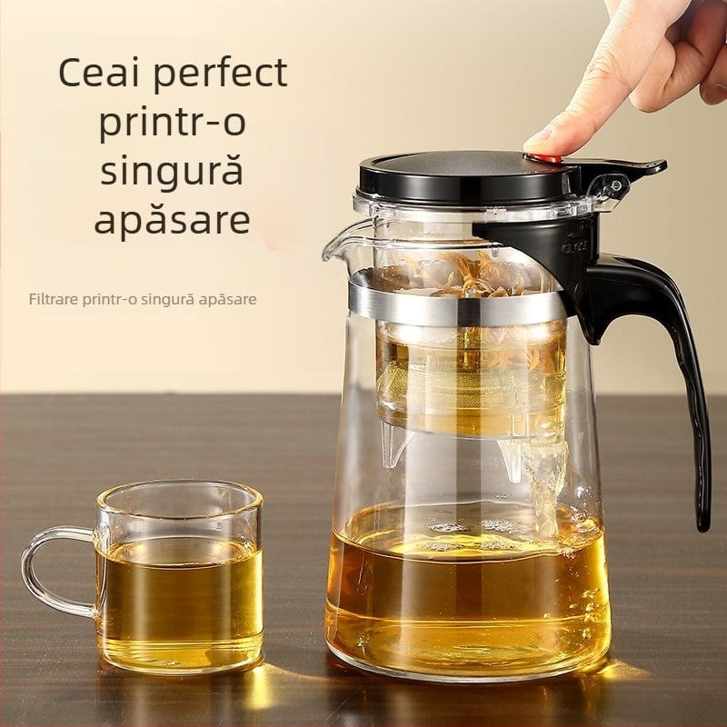 Ceainic din sticlă rezistent la căldură, set ceai cu ceașcă, sistem de separare ceai-apă printr-un singur clic, pentru birou și casă