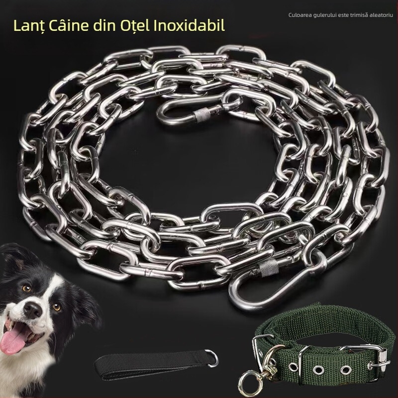 Set lanț pentru câine din oțel inoxidabil 304 pentru câini mari, medii și mici, cu guler și lesă, rezistent la mușcături