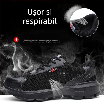Pantofi de lucru respirabili, vară, cu vârf din oțel, protecție împotriva loviturilor și perforării, partea superioară din Flyknit, talpă din cauciuc, negru
