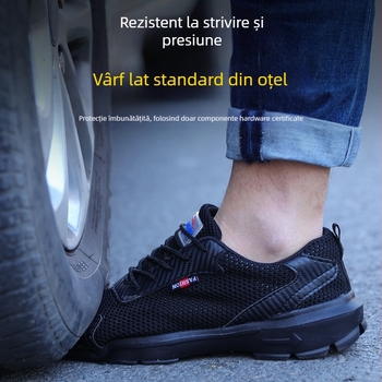 Pantofi de lucru respirabili, vară, cu vârf din oțel, protecție împotriva loviturilor și perforării, partea superioară din Flyknit, talpă din cauciuc, negru