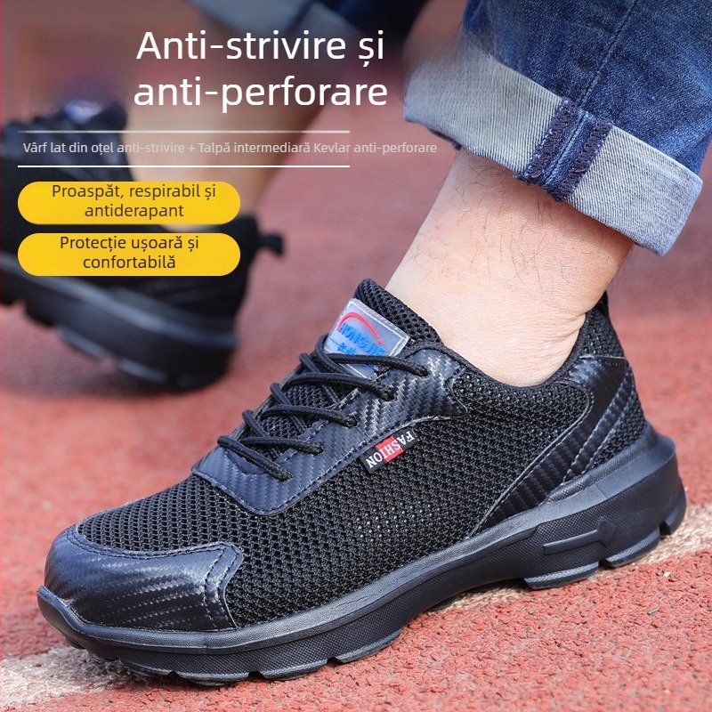 Pantofi de lucru respirabili, vară, cu vârf din oțel, protecție împotriva loviturilor și perforării, partea superioară din Flyknit, talpă din cauciuc, negru
